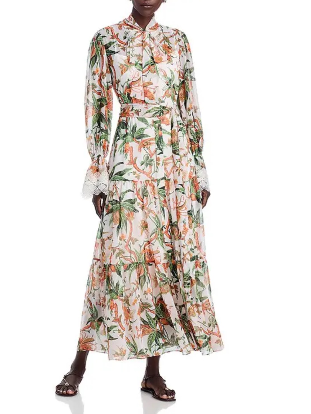 Kobi Halperin Botanical Lace Trim Tiered Maxi Dress Ivory Multi Size L
